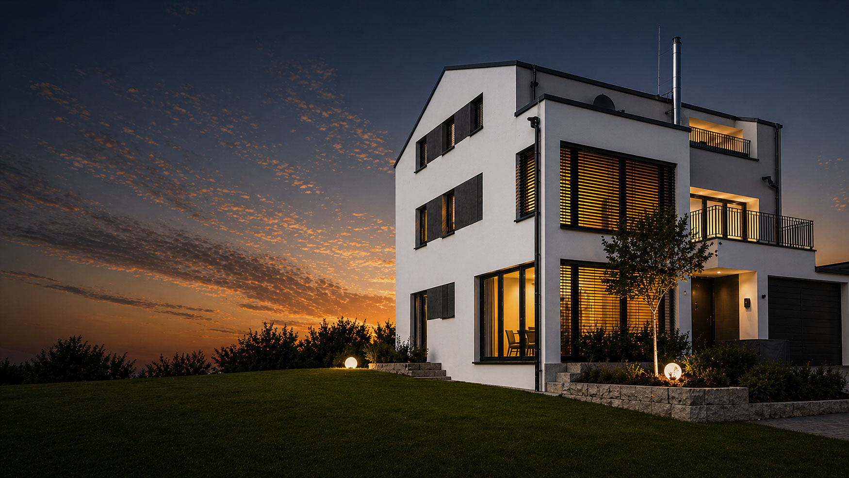 Modernes Einfamilienhaus in der Dämmerung mit klarer Architektur